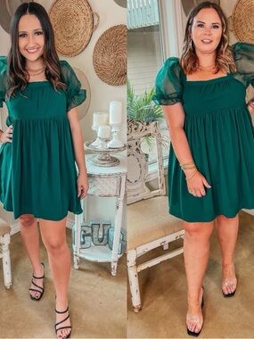 Entro Emerald Green Puff Sleeve Babydoll Dress Square Neck Boutique L feminine